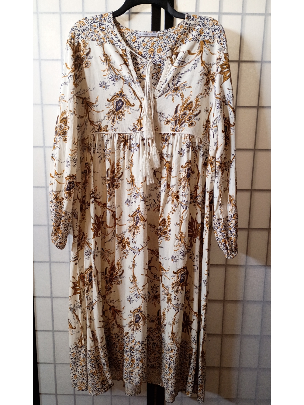 R. Vivimos Bohemian Floral Midi Dress in Ivory and Mustard